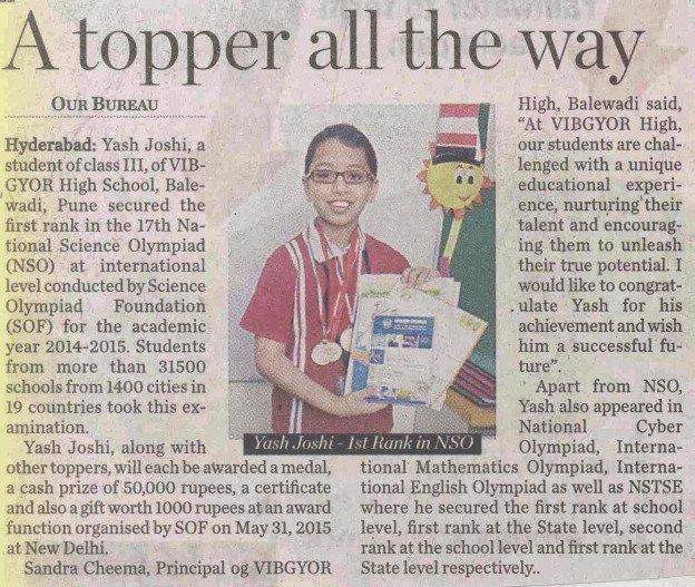 VIBGYOR High Balewadi student secured 1st rank in NSO examinations