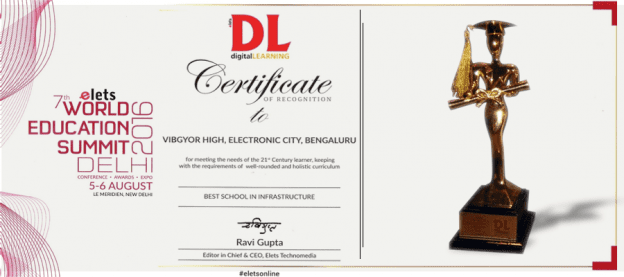 VIBGYOR High School, Electronic City receives an award in the ‘Best School in Infrastructure’ category at World Education Summit 2016.